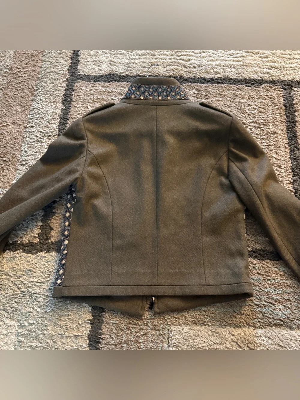 Tory Burch Olive Green Beaded Front Zip Military-Style Jacket
